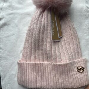 Michael Kors Blush Pink Ribbed Beanie with Pom Pom
